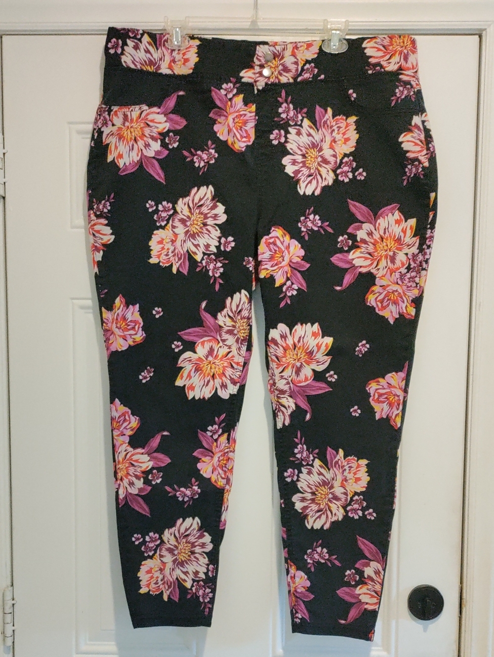 Terra & Sky Stretch Black Jeans with Pink and Cream Floral Print